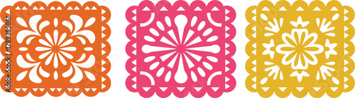 Colorful Mexican papel picado banner set with floral sun and geometric cutout patterns for fiesta party decoration design
