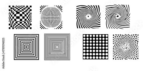 Abstract geometric optical illusion patterns with concentric squares and a grid of circles isolated on white background isolated on transparent background silhouette