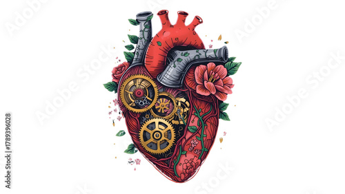  Biomechanical Heart Vector Art, Floral Arteries with Intricate Clockwork Gears