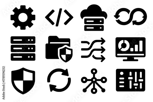 DevOps Icon Set. DevOps Integration silhouette icon set: gear icon, code brackets, cloud server, CI/CD pipeline, server rack, secure folder, data flow, dashboard screen, shield