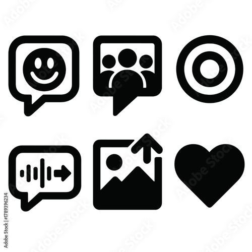 Bold Social Icons. Social Communication silhouette icon set: emoji bubble, group chat, story icon, voice message, photo share, reaction heart.