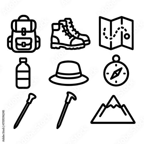 Hiking Essentials Icons. Hiking Essentials linear icon set: backpack, boots, map, compass, water bottle, hat, stick, mountain.