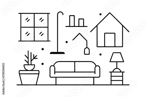 Living Room and Home Icons Set Black Outline on White Keywords: living room, home, icons, set, window, floor lamp, shelves, house, sofa, plant