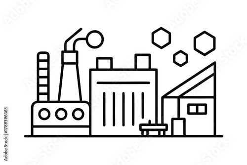 Minimalist Line Art Depicting an Industrial Factory with Smokestacks and Hexagons Keywords: factory, industrial, industry, building, smokestack