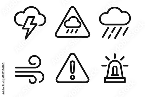 Severe Weather Icons. Severe Storm Warning linear icon set: lightning bolt, dark clouds, warning triangle, heavy rain, wind swirl, alert siren.