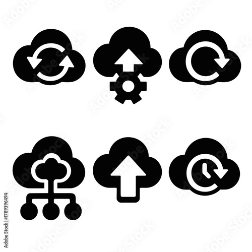 Bold Cloud Icons. Cloud Updates silhouette icon set: synchronized cloud, automatic backup icon, data refresh, network sync, cloud upload arrow, version history icon.