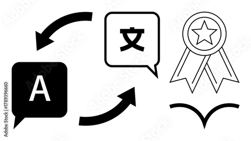 Speech bubbles with English and Asian script connected by arrows, emphasizing language translation. Includes achievement ribbon and abstract bird for success, mobility. Ideal for education