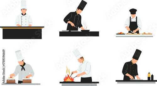 Professional chefs cooking and preparing food in restaurant kitchen, culinary experts frying, baking and cutting ingredients, modern chef illustration