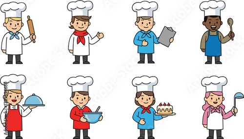 Cartoon chefs cooking, baking and serving food in kitchen, cute professional cooks illustration, pastry chefs holding cake and utensils