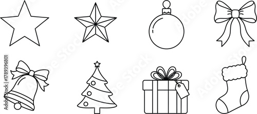 Festive christmas outline drawing featuring star, snowflake, ornament, bow, bell, tree, gift, and stocking icons