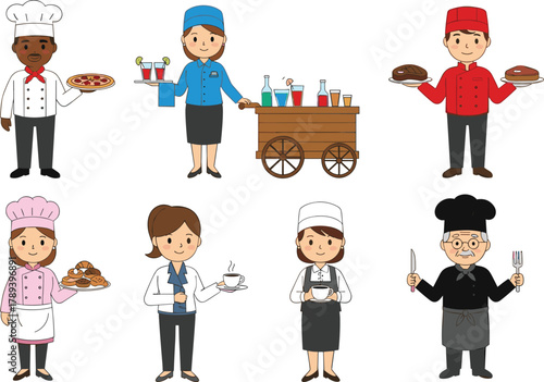 Restaurant staff cartoon illustration with chefs, waiters, and servers, cute hospitality team vector for restaurant and food service design