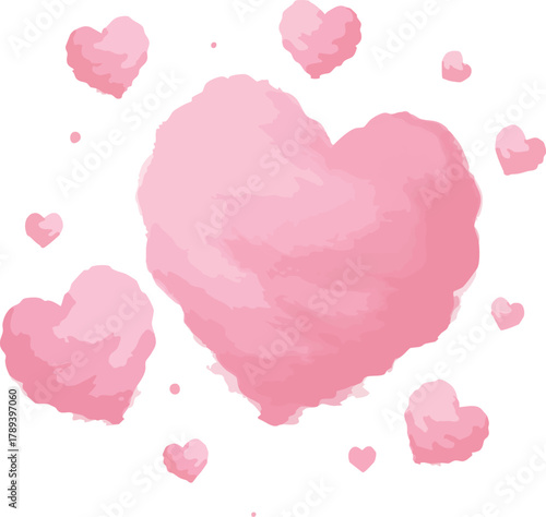A 2D flat illustration of a large pink heart surrounded by smaller hearts in various sizes on a white background with a cotton candy theme.