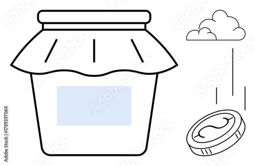Glass jar with fabric cover and falling coin under small cloud. Ideal for finance, savings, charity, donation, investment, contribution, wealth management. Simple flat metaphor