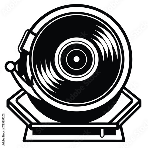 Vintage record player with vinyl disc playing music silhouette