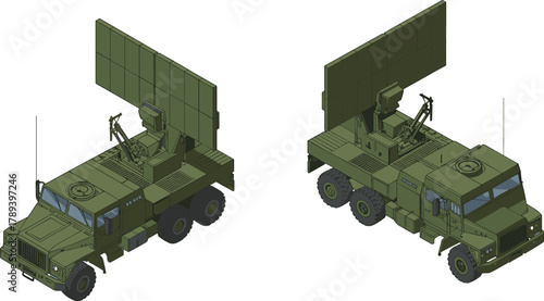 Isometric 3D illustration of military radar trucks with large antennas and communication equipment for defense surveillance and army technology