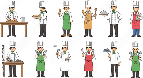 Professional male chef characters cooking, serving food, holding utensils, restaurant kitchen staff illustration, cartoon vector set for culinary designs