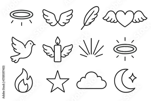 Heavenly Icons Montage. Angel Wings linear icon set: halo, feather, heart, dove, candle, light beam, aura ring, flame, star, cloud, moon, sparkle. , .