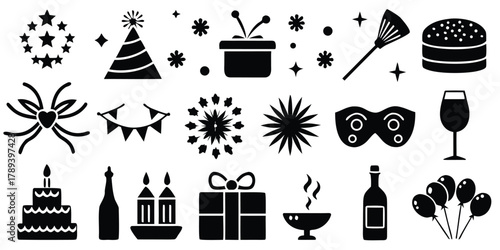 Collection of festive celebration icons and symbols silhouette