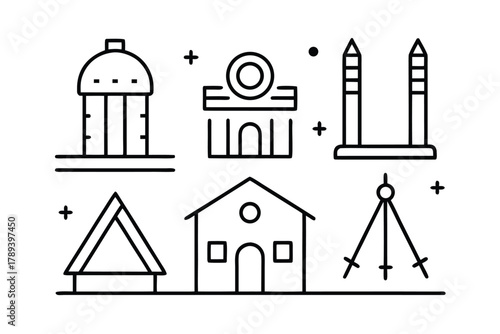 Set of Minimalist Outline Building and Architectural Element Icons Keywords: building, architecture, icon, outline, symbol, design, graphic