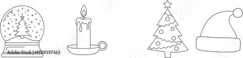 Charming christmas doodles, featuring a snow globe, candle, gift, tree, and santa hat, perfect for adding a festive touch