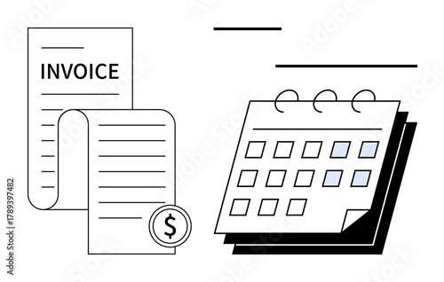 Invoice paper with dollar coin and a calendar featuring marked dates. Ideal for payment management, scheduling, finance, budgeting, deadlines, planning, financial responsibility. Simple flat metaphor