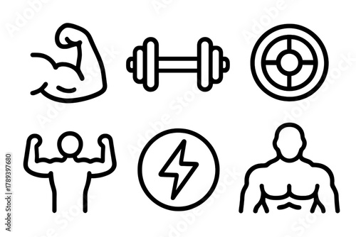 Strength Icon Silhouettes. Physical Strength linear icon set: flexed arm, dumbbell, weight plate, athlete pose, power icon, muscle silhouette.