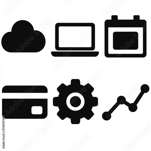Brutalist SaaS Icons. SaaS business model silhouette icon set: cloud, laptop, subscription calendar, credit card, gear, chart line.