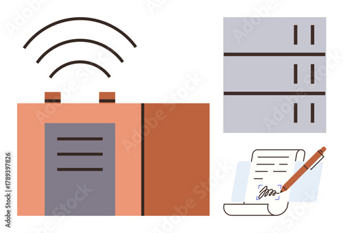 Server stack, wireless signals, and signed document representing data storage, wireless connectivity, and secure agreements. Ideal for business, technology, finance, communication contracts