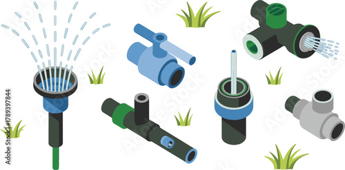 Isometric garden irrigation system illustration with sprinklers pipes and valves for lawn watering agriculture and landscape maintenance design