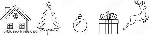 Collection of christmas icons, featuring a house, tree, snowflake, gift, and reindeer with ornament for holiday designs