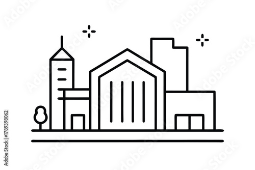 Stylized Cityscape with Tall Buildings and Tree Outline urban architecture