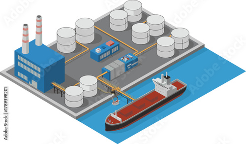 Isometric industrial oil refinery with factory storage tanks pipelines and cargo ship terminal for petroleum production and energy export illustration