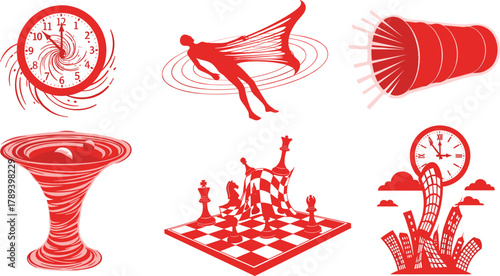 Time distortion surreal illustration, space warp and vortex concept, abstract red vector art with melting clocks and reality bending designs