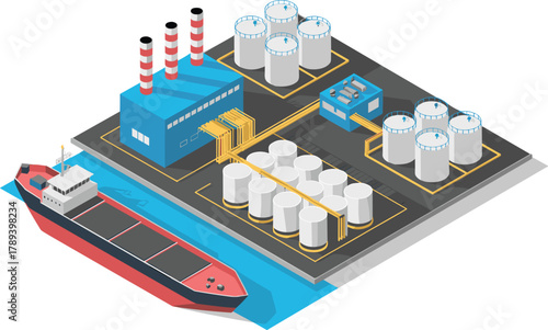 Isometric industrial oil refinery with factory storage tanks pipelines and cargo ship terminal for petroleum production and energy export illustration