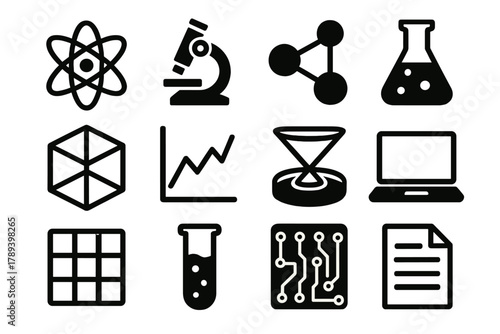 Brutalist STEM Icons. STEM Workbooks silhouette icon set: atom, microscope, molecular model, lab flask, 3D cube, graph chart, hologram, laptop, data grid, test tube, circuit board,