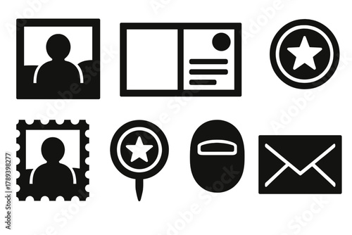 Brutalist Memorabilia Icons. Memorabilia Collection Set silhouette icon set: photo, postcard, ticket, coin, stamp, pin, badge, envelope.