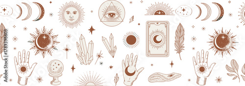 Mystical bohemian line art collection with celestial sun moon hands crystals and all seeing eye symbols for spiritual design