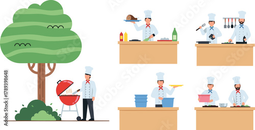 Professional chefs cooking and grilling food illustration, outdoor barbecue, restaurant kitchen teamwork, culinary art concept, modern flat vector design