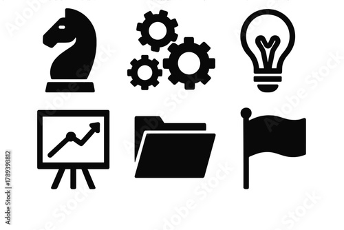 Brutalist Problem-Solving Icons. Strategic problem solving silhouette icon set: chess knight, gears, light bulb, chart board, document folder, flag.