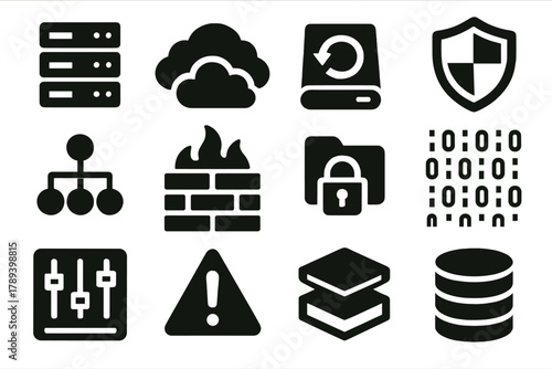 Redundant System Icons. Redundant Systems silhouette icon set: multiple servers, cloud stack, backup drive, shield icon, network lines, firewall wall, secure folder, data stream,