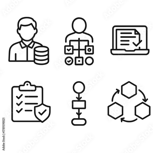 Data Stewardship Icons. Data Stewardship linear icon set: data steward, responsibility chart, workflow approval, quality assurance, process oversight, governance flow.