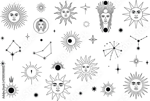 Mystical celestial line art collection with sun moon stars constellations and spiritual astrology symbols in elegant black minimalist design