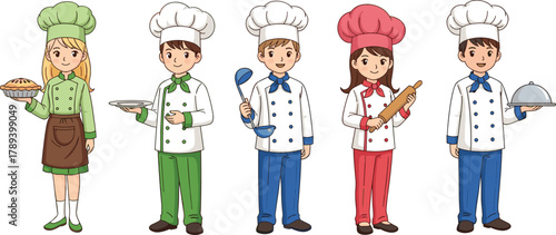 Group of happy cartoon chefs in colorful uniforms holding kitchen tools, cooking utensils, bakery items, teamwork concept, restaurant illustration, food preparation