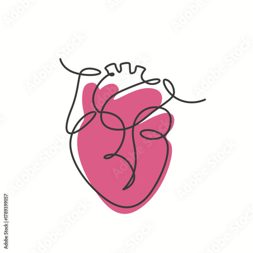 The Human Heart one line drawing. The Human Heart single line illustration. The Human Heart minimalist line art