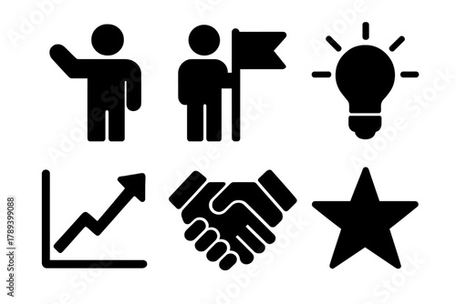 Bold Leadership Icons. Leadership drive silhouette icon set: leader figure, flag, light bulb, chart line, handshake, star.