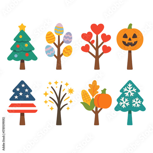 Holiday Icon Trees. Holiday Themed Trees flat icons: Christmas tree, Easter egg tree, Valentine heart tree, Halloween pumpkin tree, patriotic flag tree, New Year sparkle tree,
