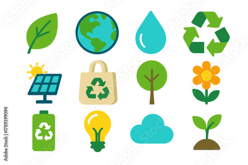 Eco Symbols Collection. Eco Recycling flat icons: leaf, globe, water drop, green arrows, solar panel, reusable bag, tree, flower, battery recycle, light bulb, cloud, sprout.