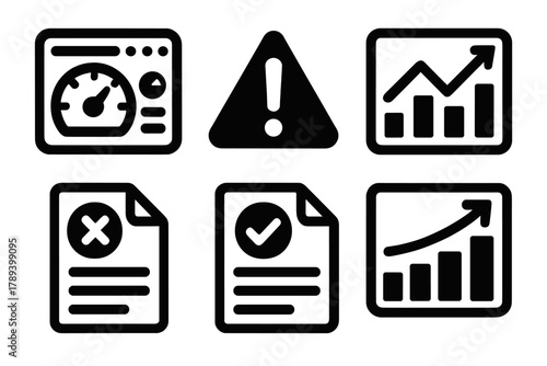 Brutalist Data Icons. Data Quality Monitoring silhouette icon set: dashboard metrics, alert symbol, trend analysis, error log, validation report, improvement progress.