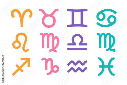 Vibrant Zodiac Symbols. Zodiac Glyphs flat icons: Aries symbol, Taurus symbol, Gemini symbol, Cancer symbol, Leo symbol, Virgo symbol, Libra symbol, Scorpio symbol, Sagittarius