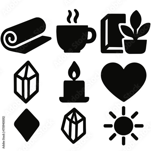 Wellness Harmony Icons. Wellness Harmony Set silhouette icon set: yoga mat, tea cup, book, plant, crystal, candle, heart, sun.
